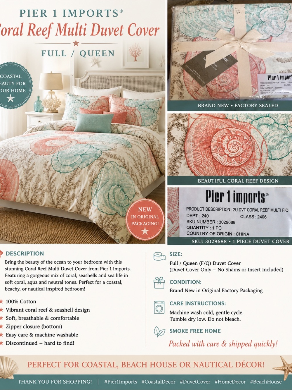 Pier 1 Coral & Aqua Floral Reef Duvet Cover